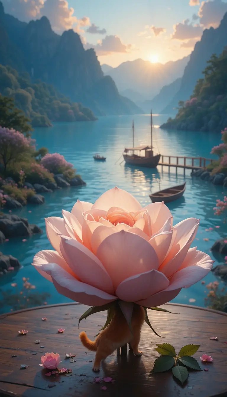 Delicate rose unfolding into a tiny lake on a table