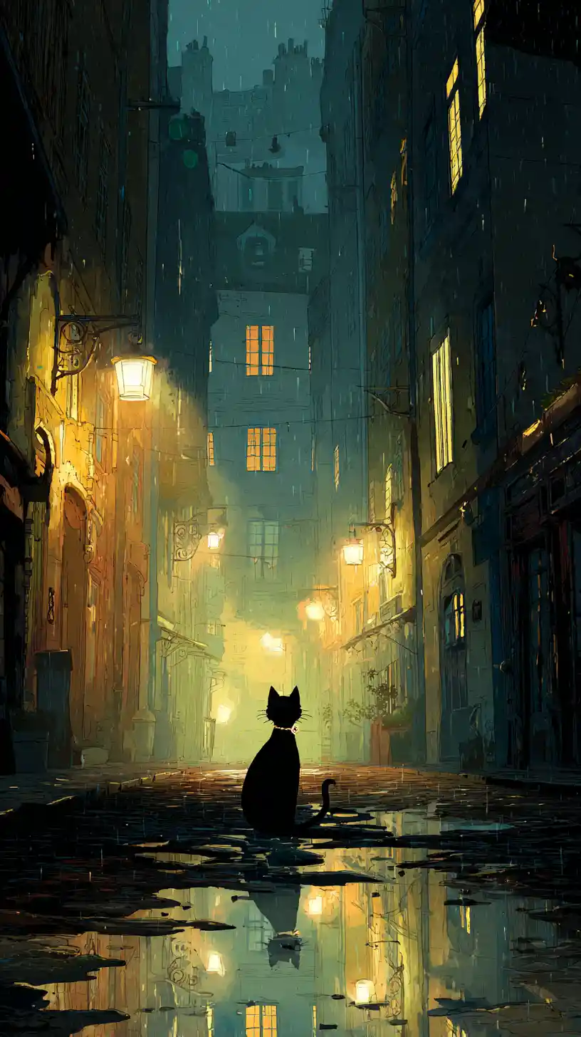 Gato preto com medalhão brilhante em viela chuvosa da Paris vitoriana