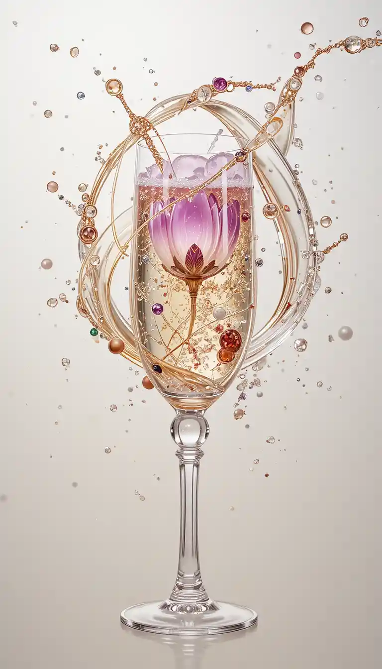 Photorealistic splash of champagne in a clear glass