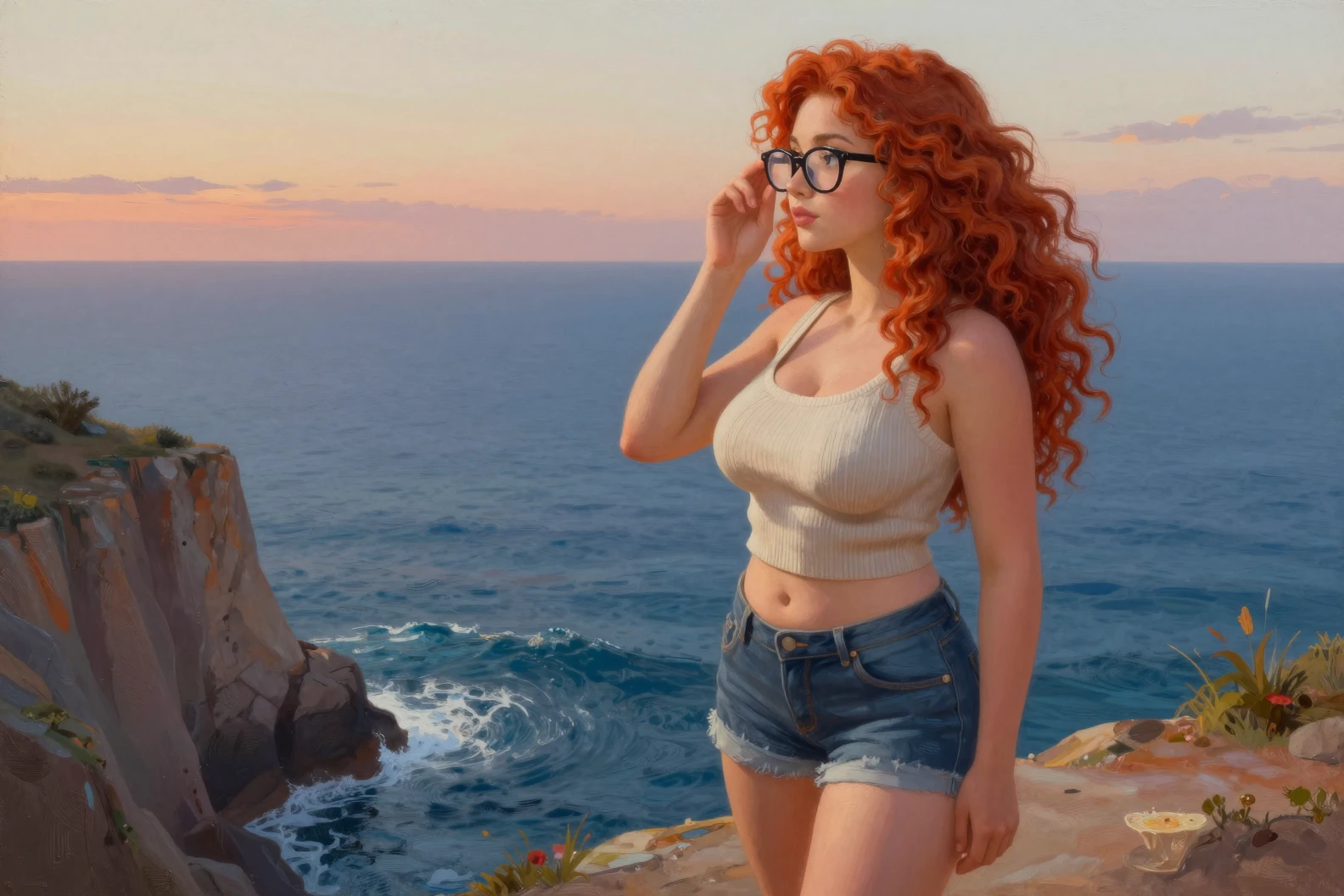 Donna formosa su scogliera sul mare al tramonto in dipinto a olio