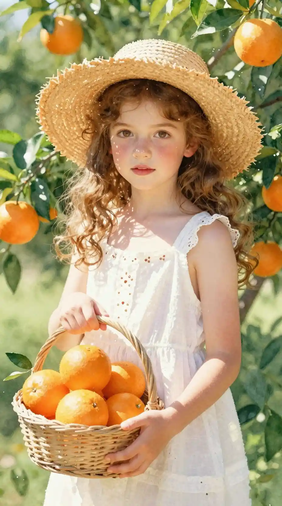 Watercolor portrait of a girl with oranges in sunlight