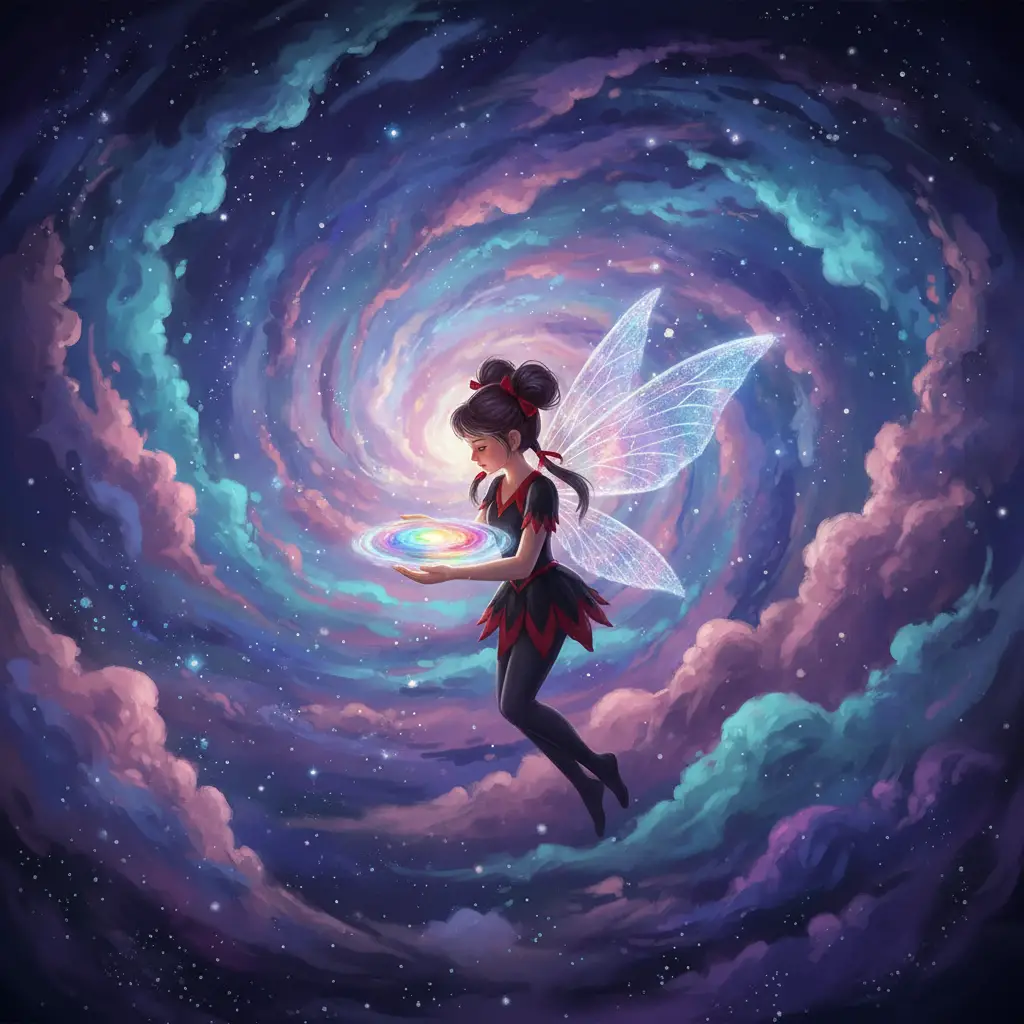Fata ragazza che tiene un liquido arcobaleno luminoso nel cielo cosmico