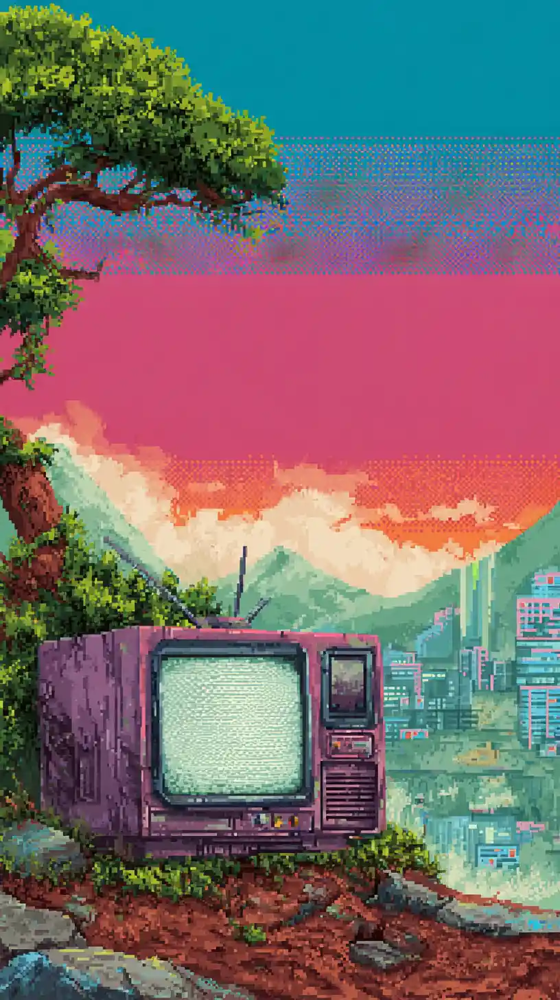 Paesaggio pixel art retrofuturistico con vivaci colori NES