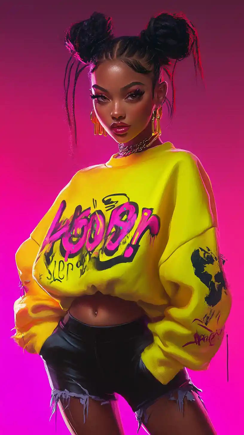 Ragazza sicura di sé in streetwear al neon con trucco audace