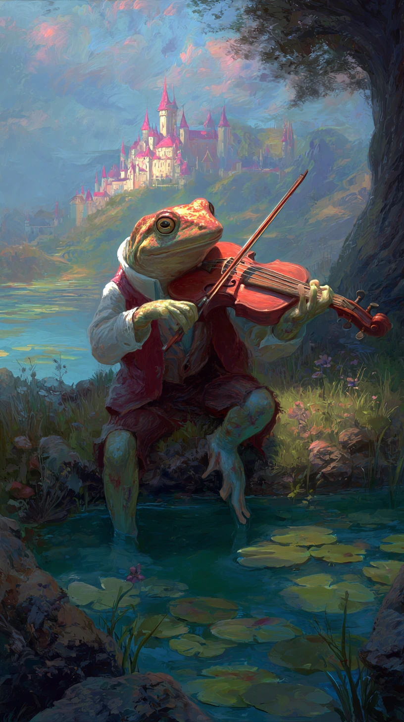 Grenouille jouant du violon dans un monde fantastique coloré au bord d’un lac