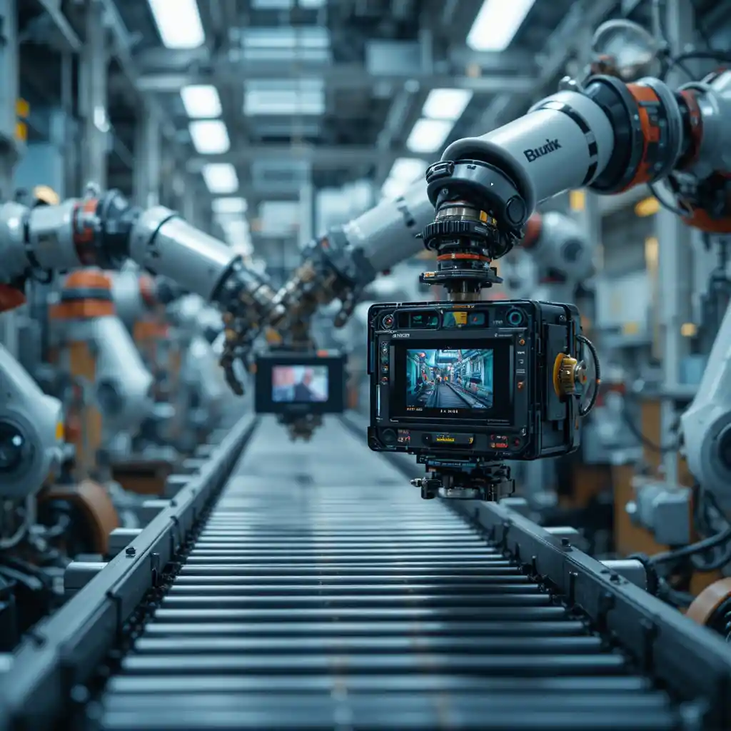 Gros plan sur le test industriel de modules caméra sur ligne de convoyeur