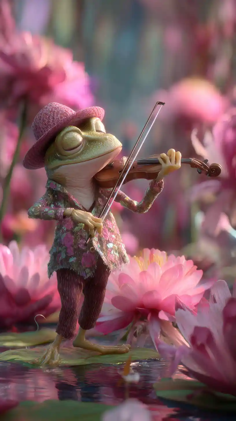 Frog Playing Violin By A Colorful Fantasy Lakeside