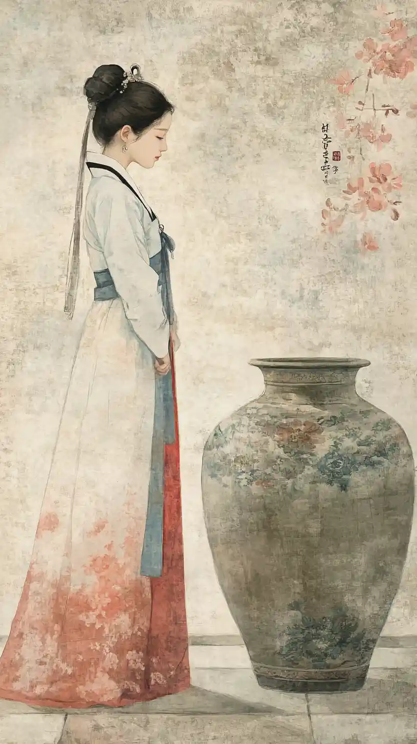 Joven mujer con hanbok coreano contemplando un jarrón de cerámica