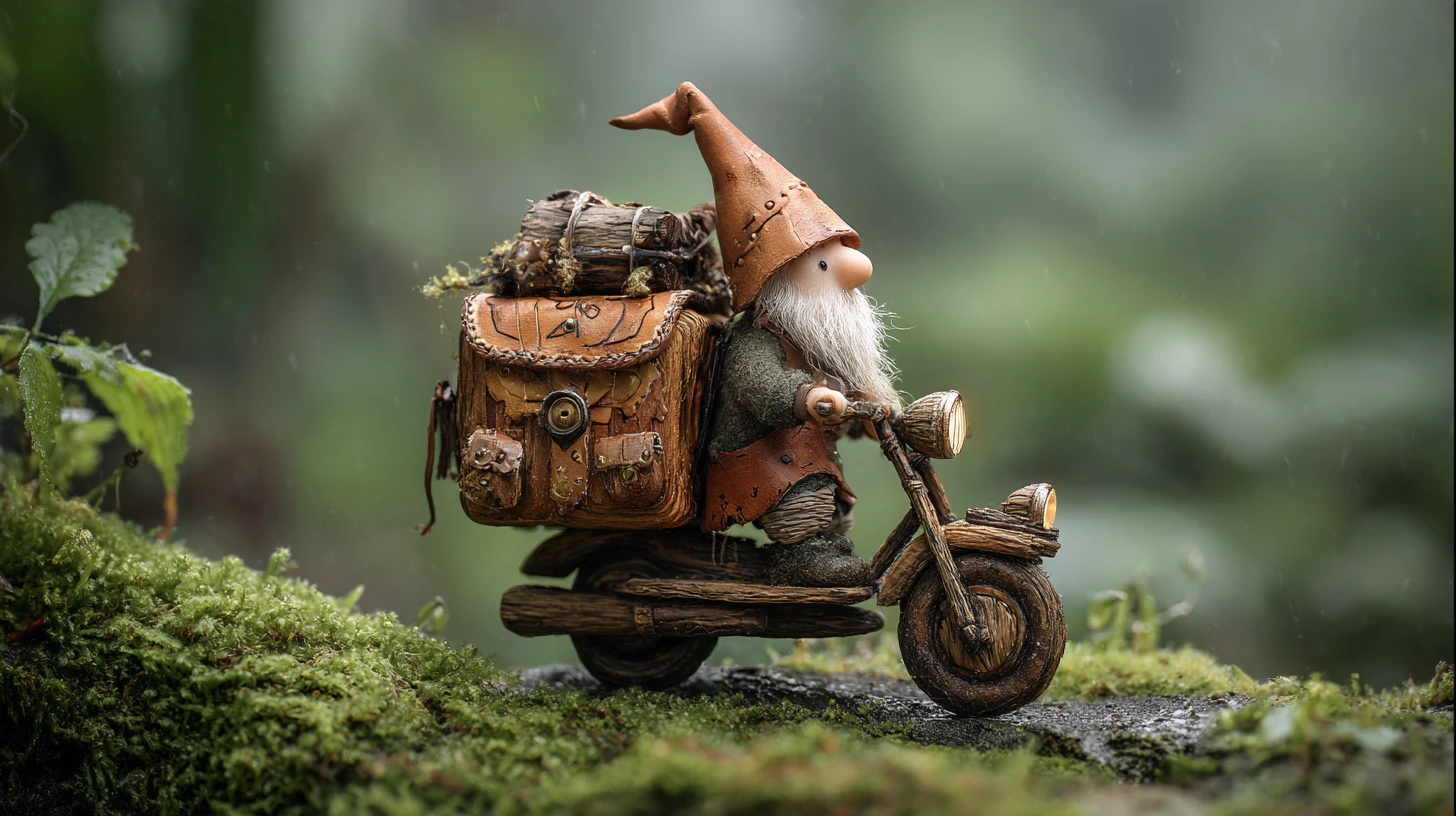 Minuscule gnome sur une moto en bâtons dans une forêt brumeuse