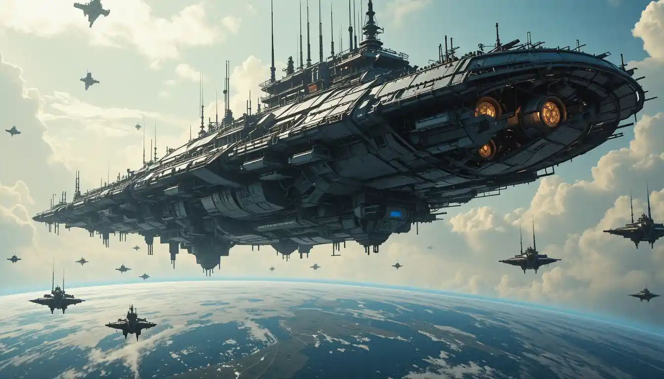 Estação espacial futurista pairando sobre a Terra com detalhes brilhantes