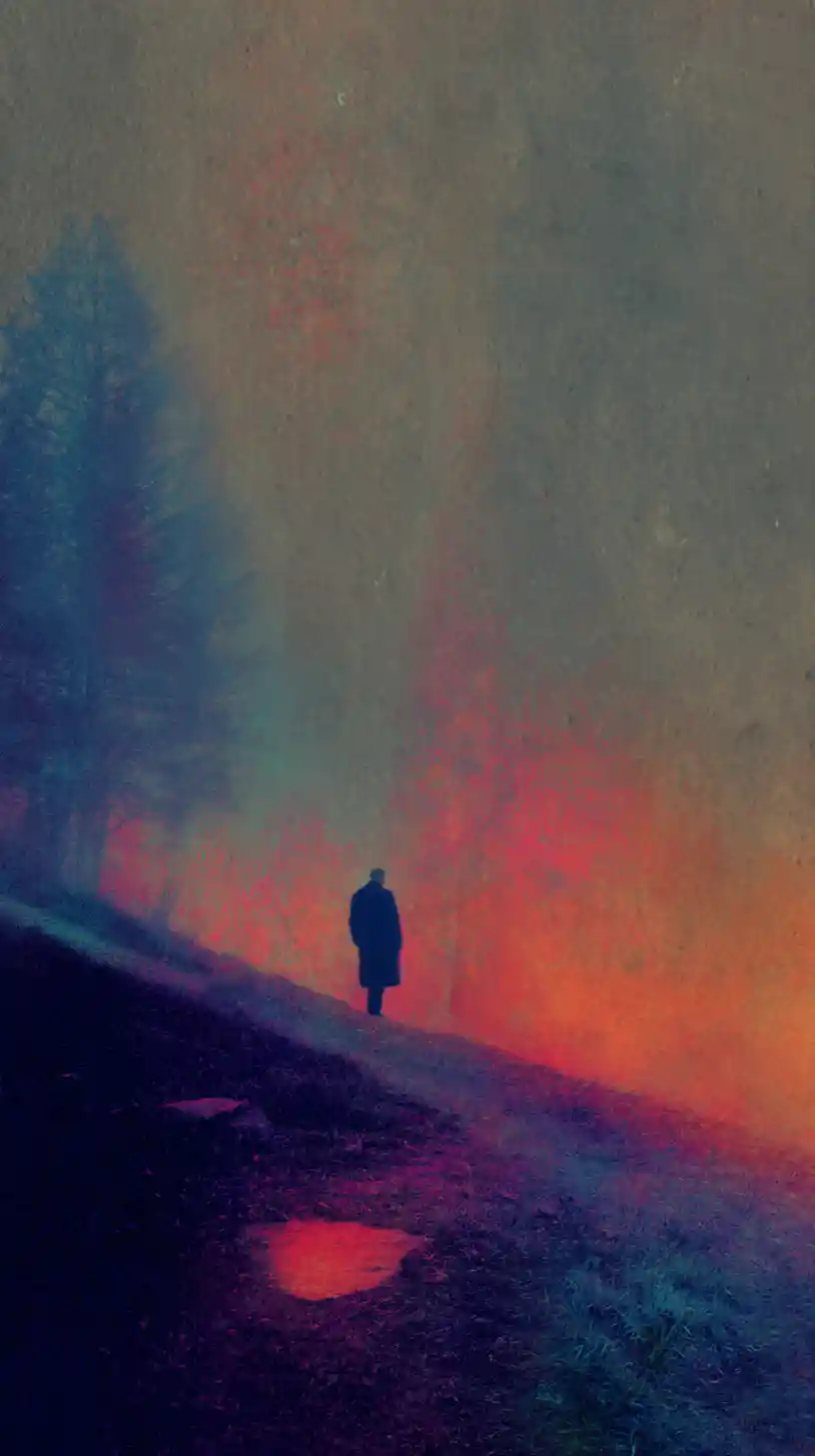 Paesaggio surreale da sogno con texture linoleografiche granulose e atmosferiche