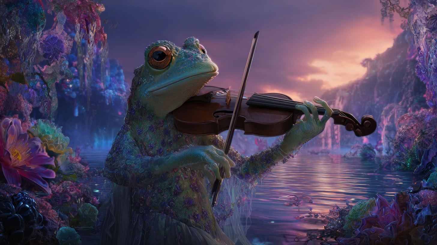 Sapo elegante tocando violino em um colorido mundo de fantasia à beira do lago