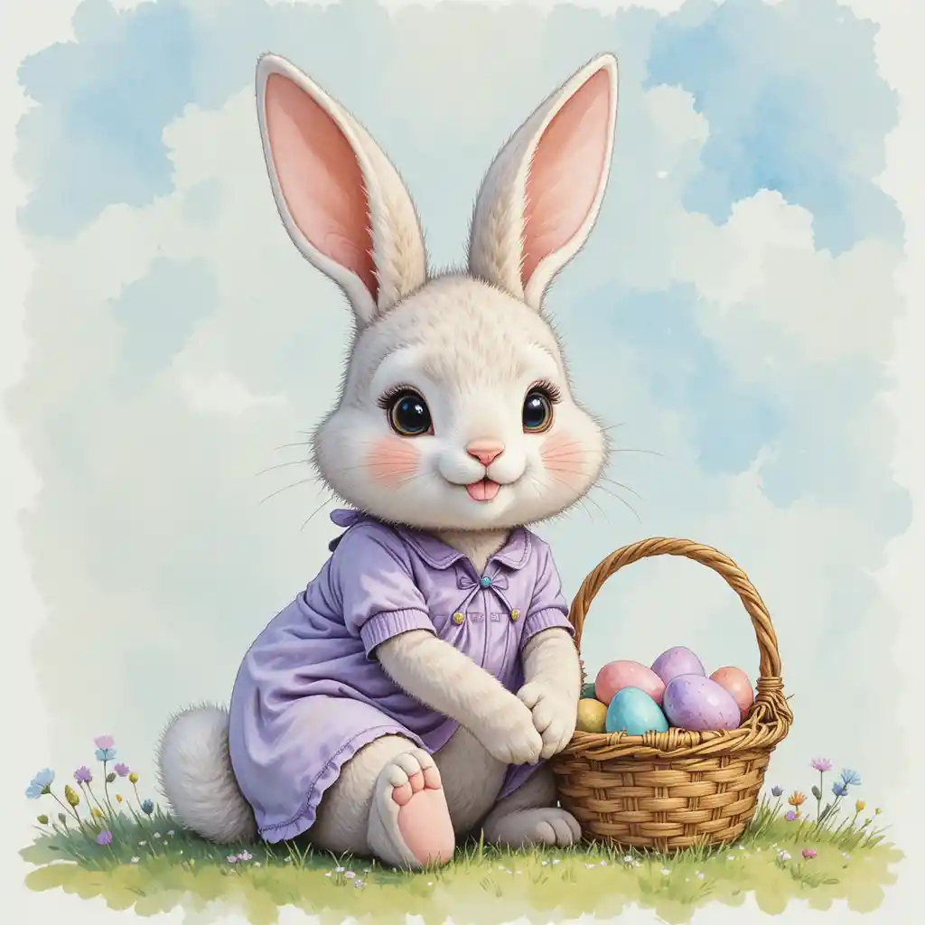Cute Easter rabbit beside basket in soft watercolor art