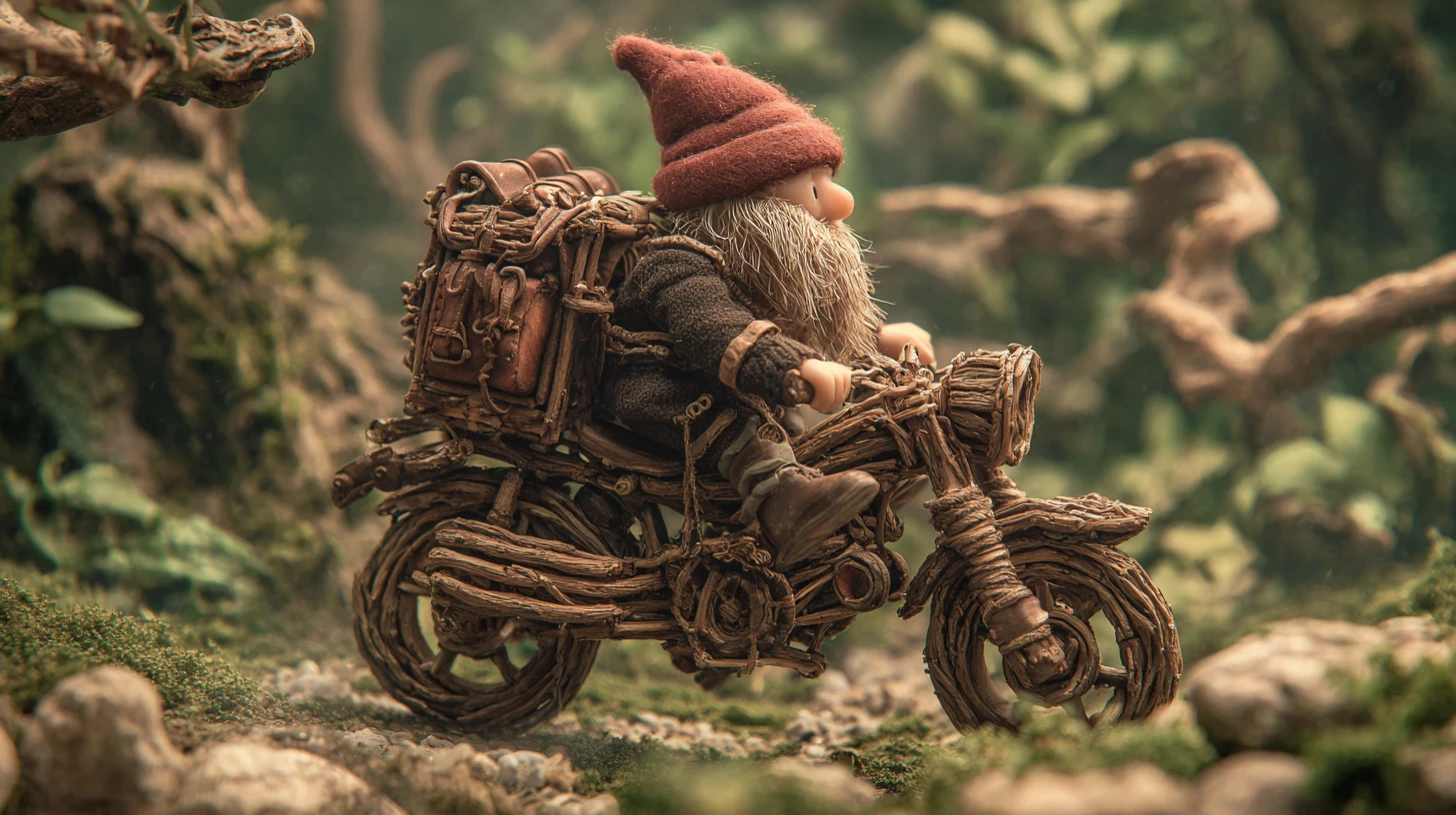 Gnome chevauchant une moto en brindilles à travers une forêt brumeuse