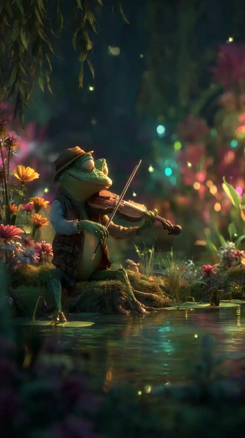 Grenouille élégante jouant du violon au bord d’un lac paisible
