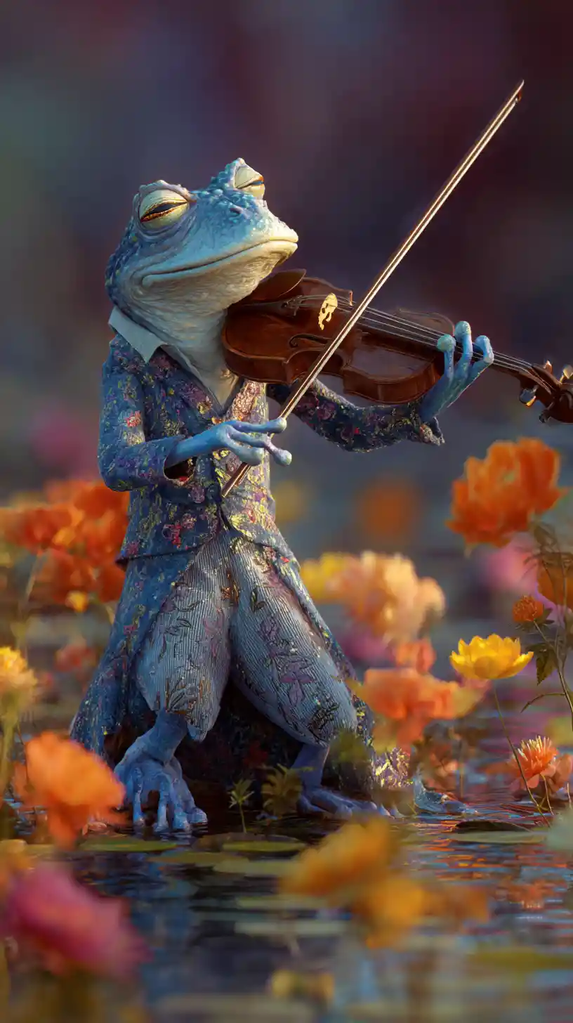 Rana che suona il violino in un colorato mondo fantasy sul lago