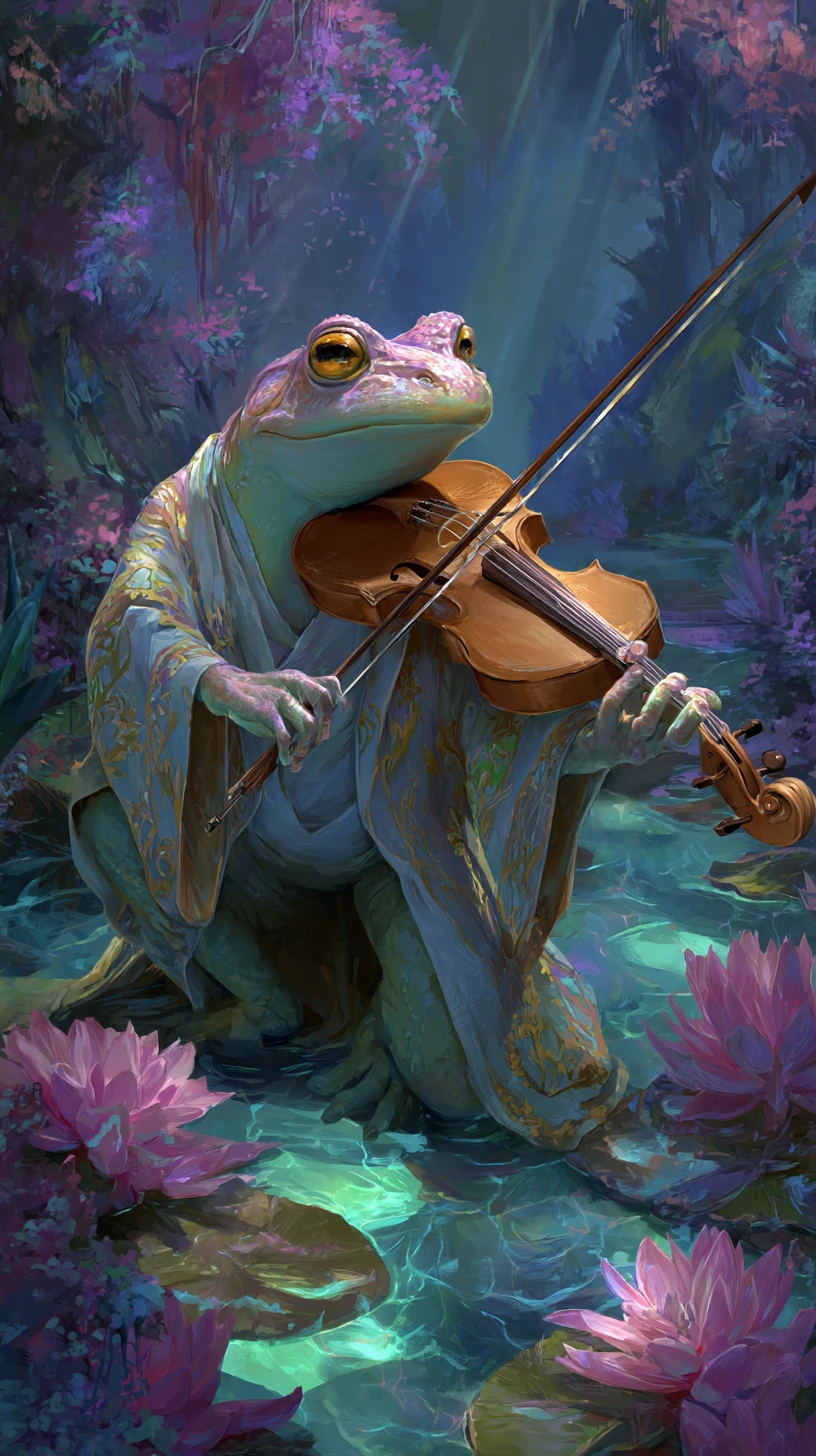 Sapo elegante tocando violino em uma lagoa mágica