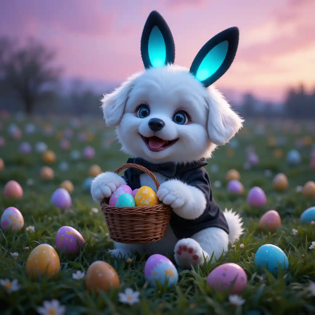 Dolce cucciolo bianco in costume da coniglio con cestino di Pasqua