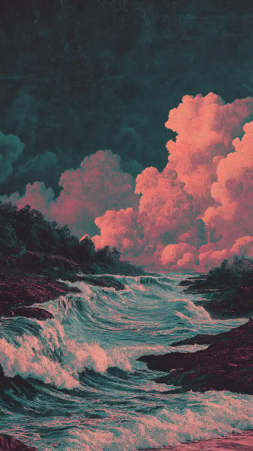 Ondas quebrando de forma surreal brilhando em um horizonte distante
