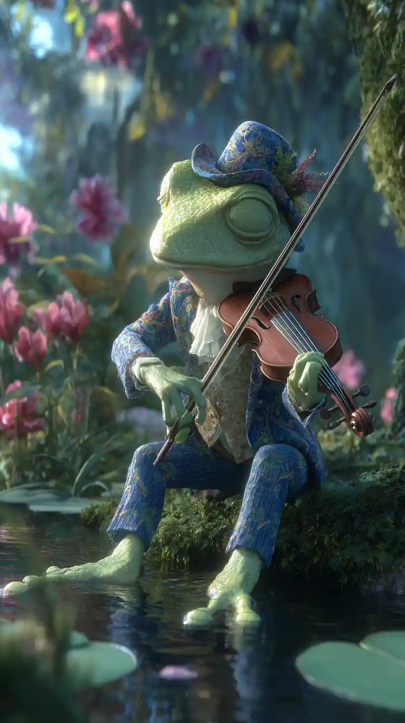 Sapo Tocando Violino em um Colorido Mundo Fantástico à Beira do Lago