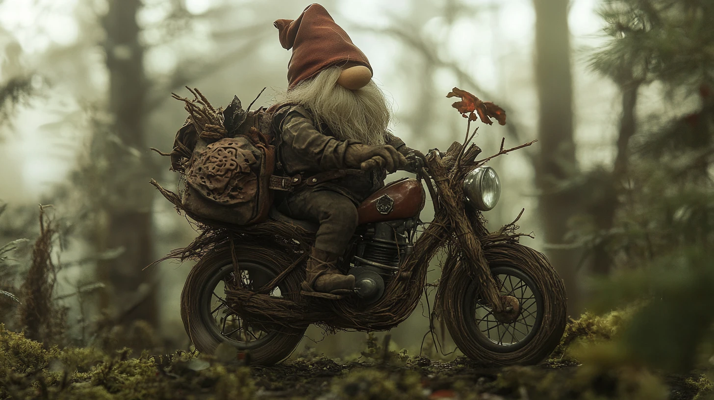 Gnome chevauchant une moto en branche à travers une forêt brumeuse