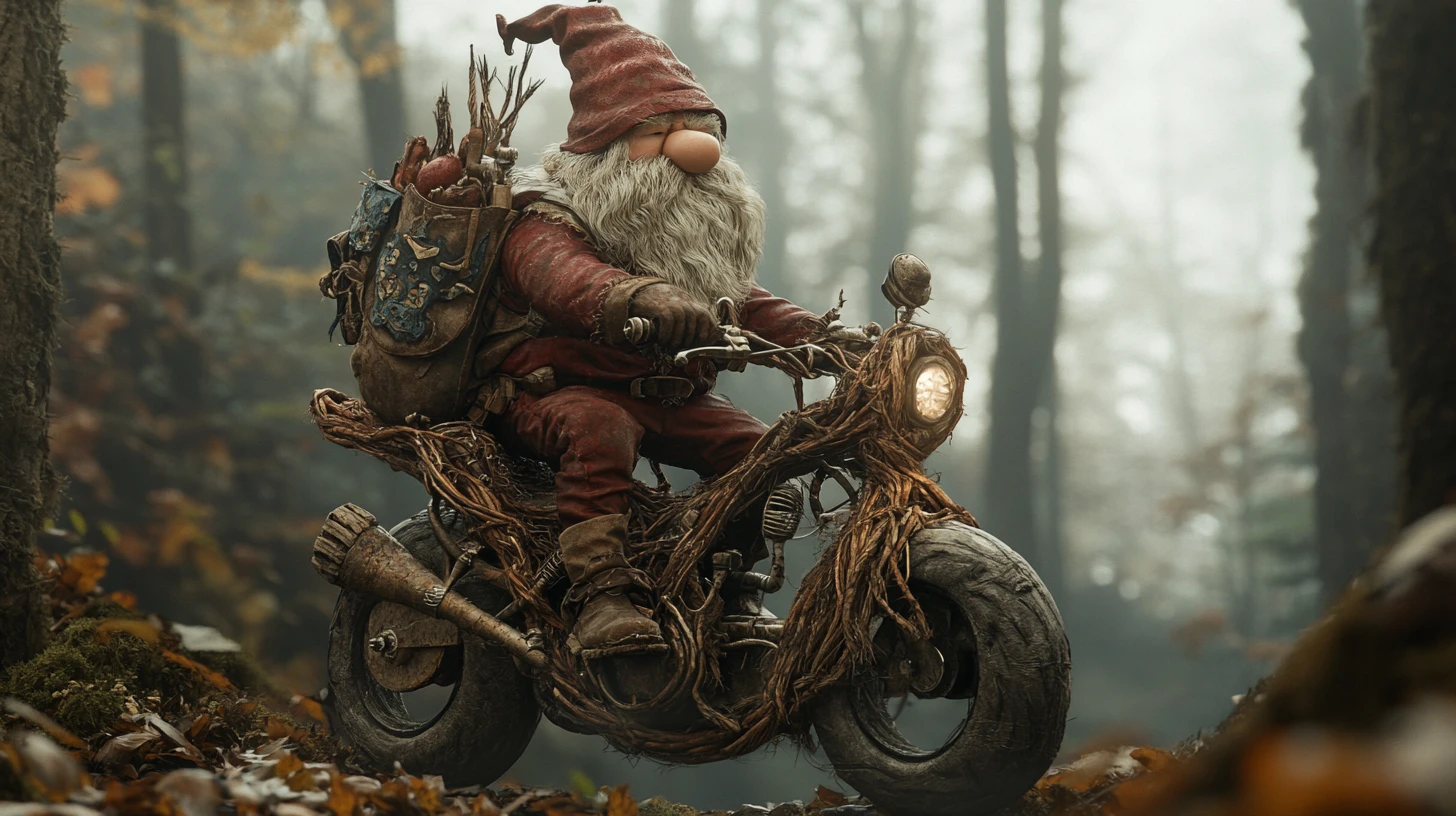 Gnome chevauchant une moto en branches dans une forêt brumeuse