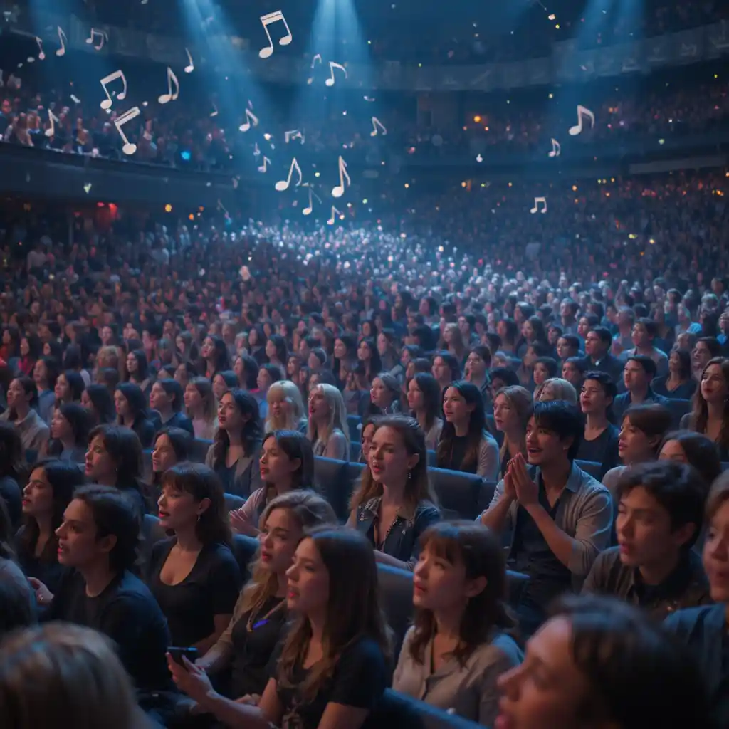 Multidão alegre cantando junta em um show lotado