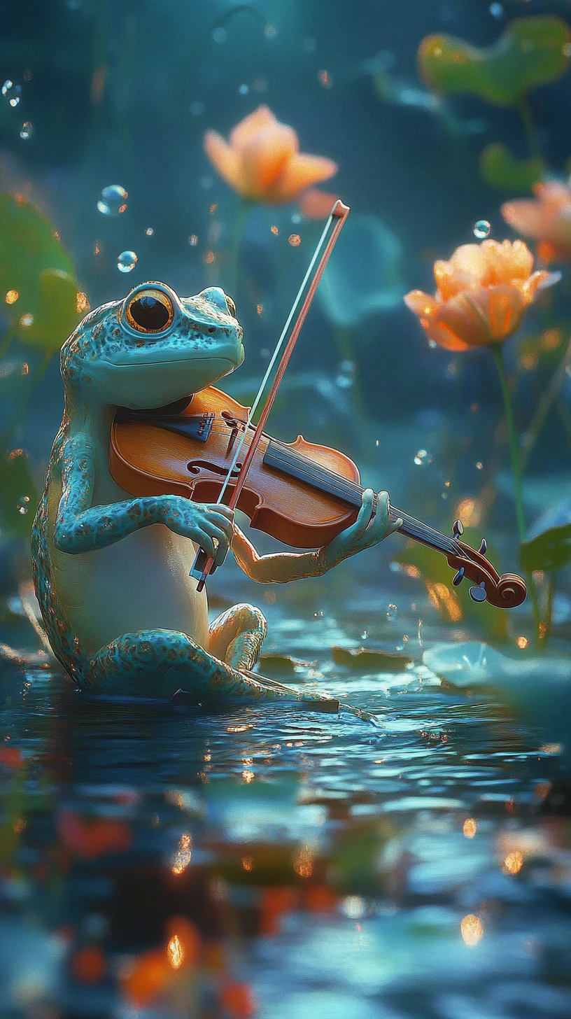 Sapo elegante tocando violino em uma lagoa azul mágica