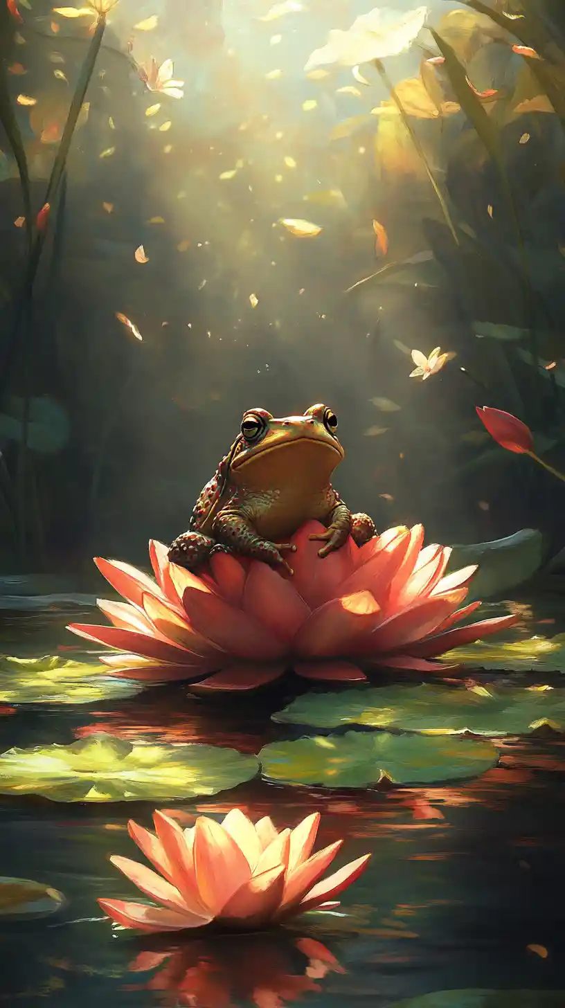 Crapaud reposant sur un nénuphar ancien dans un étang brumeux façon anime