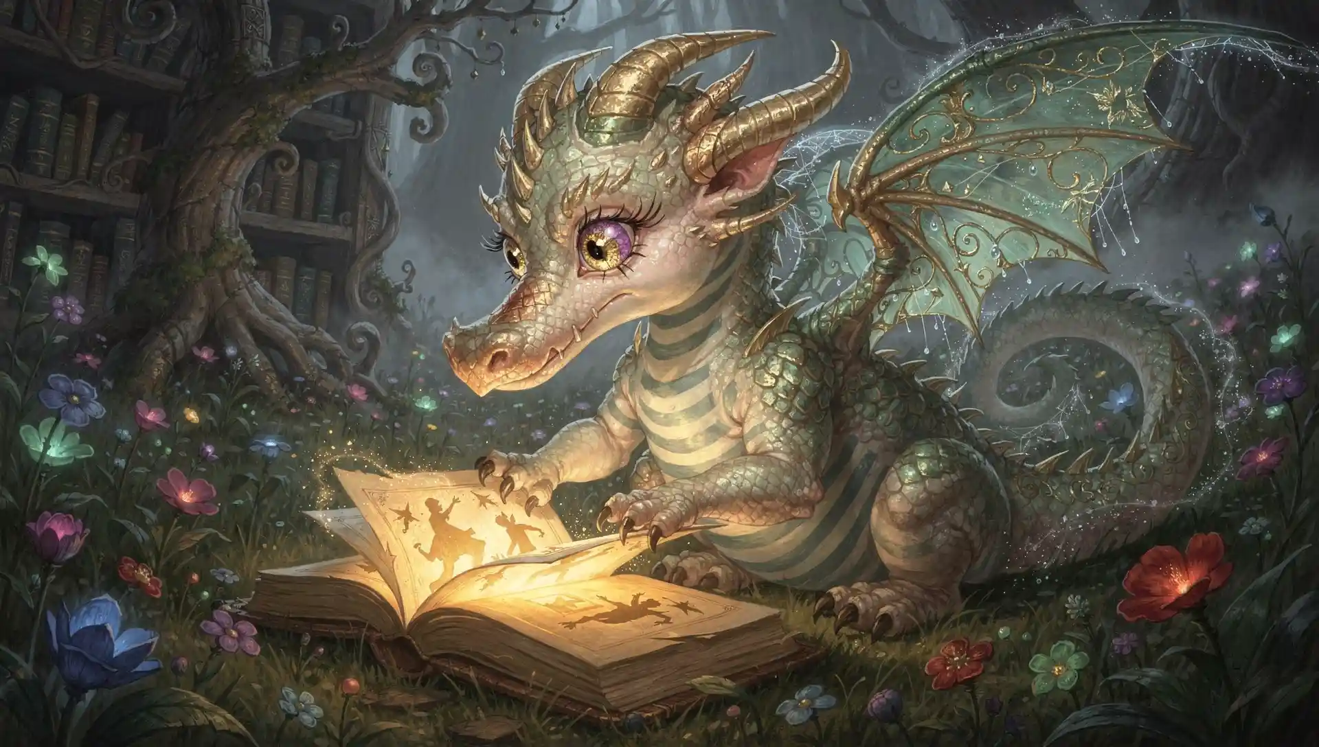 Verspielter Babydrache liest ein leuchtendes Geschichtenbuch