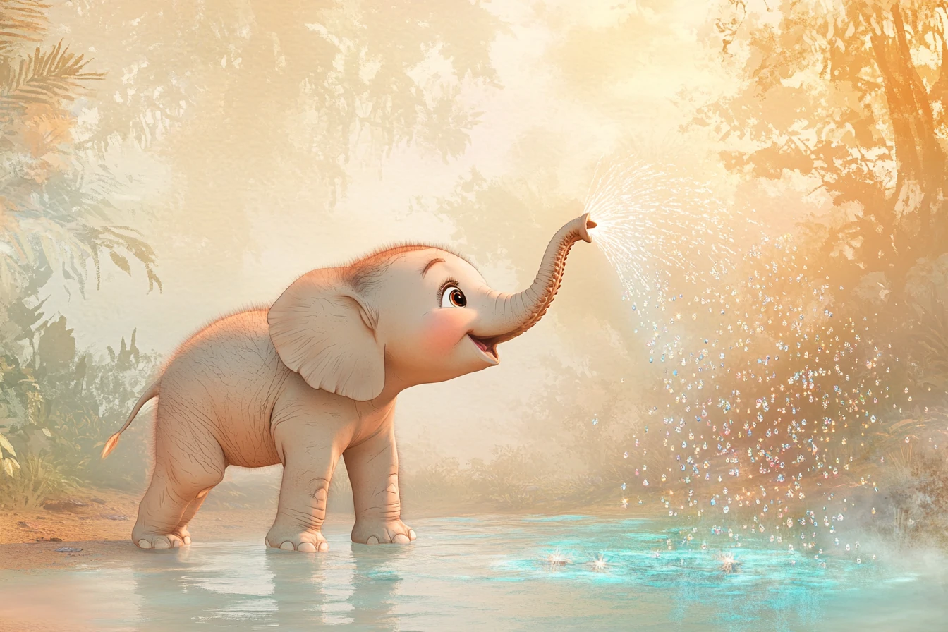 Baby elephant spraying rainbow water in jungle sunrise