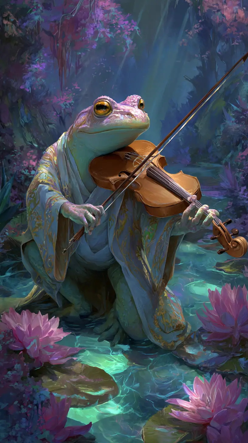 Eleganter Frosch, der in einer magischen Lagune Geige spielt