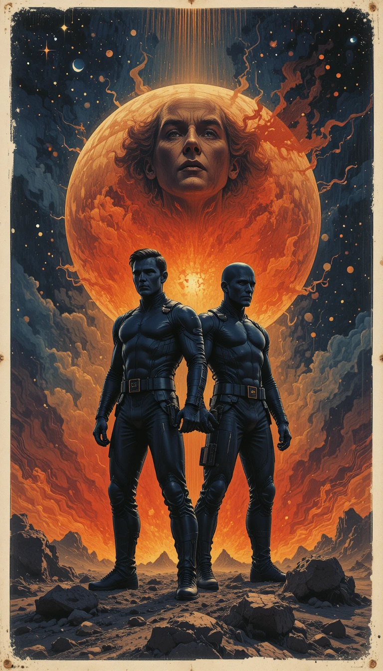 Portada retro de ciencia ficción con dos hombres heroicos en el espacio