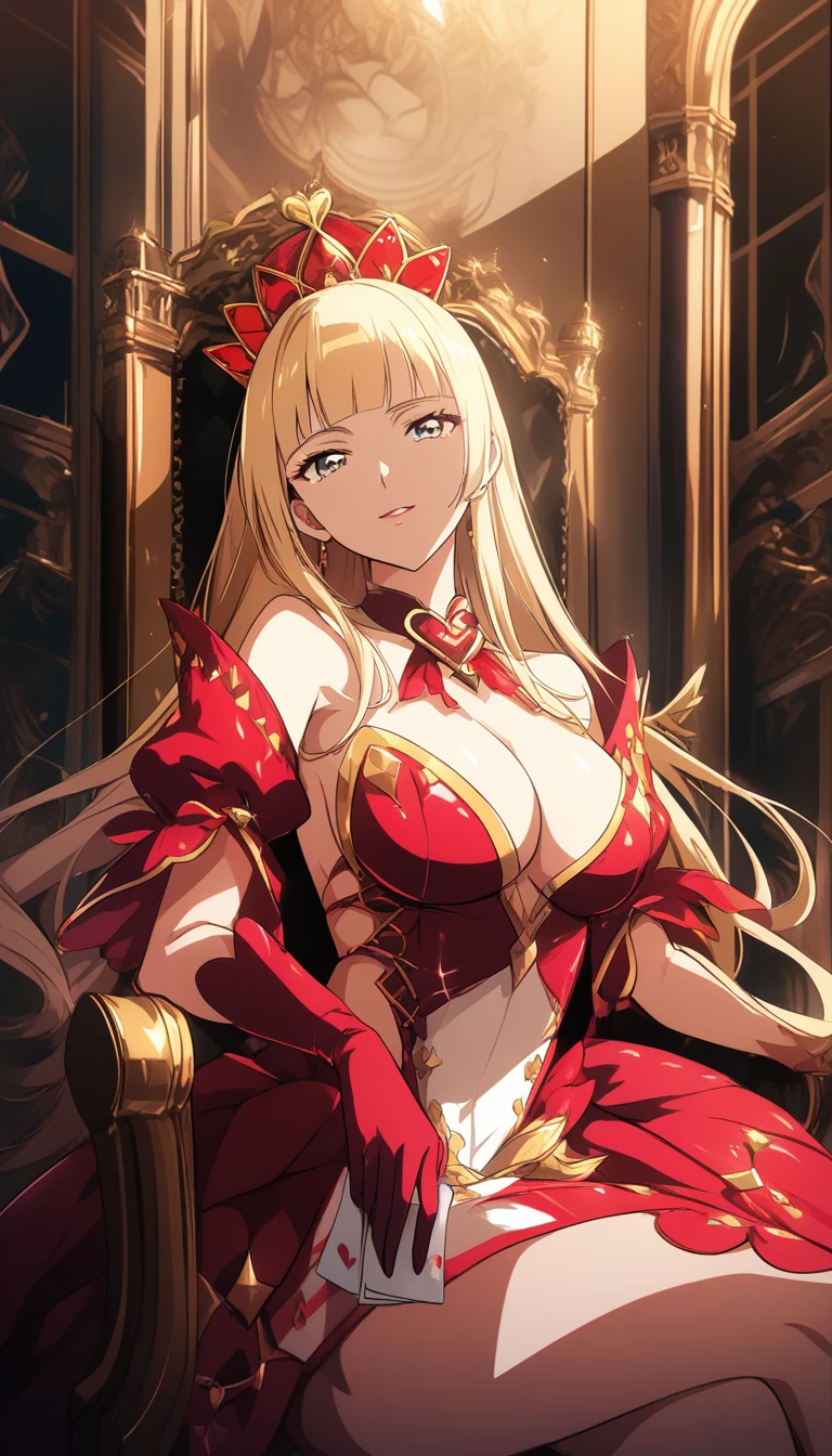 Reine de cœur en style anime, sûre d’elle, assise sur un trône orné