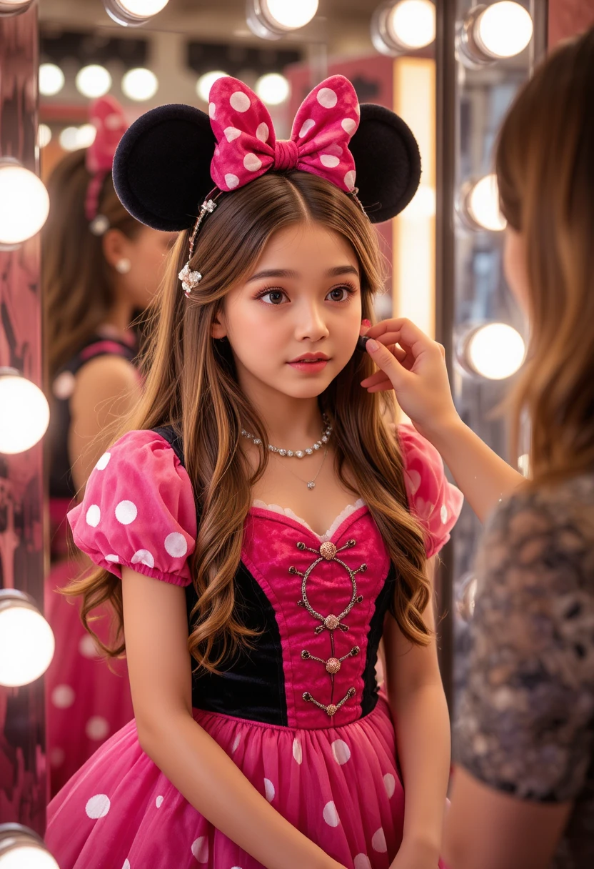 Young boy in pink Minnie dress getting makeup in mirror