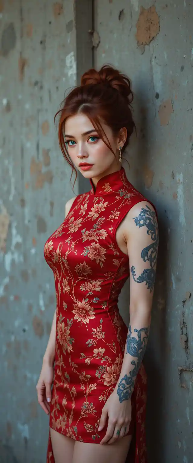Mulher ruiva de qipao diante de parede de concreto desgastada