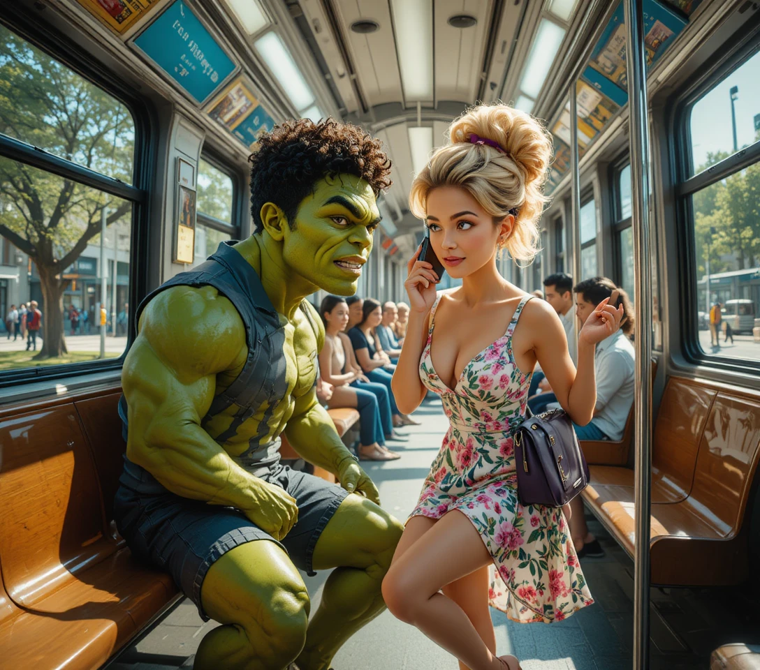 Angry green giant running through a sunny city park