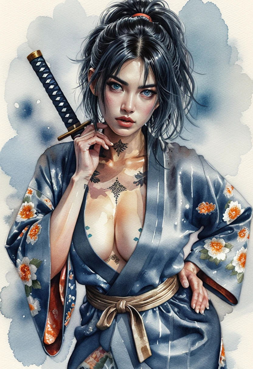 Ritratto cinematografico di guerriera tatuata in kimono