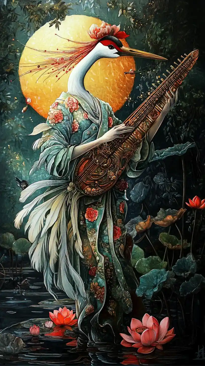 Yokai gru antropomorfa che suona la cetra a uno stagno all’alba