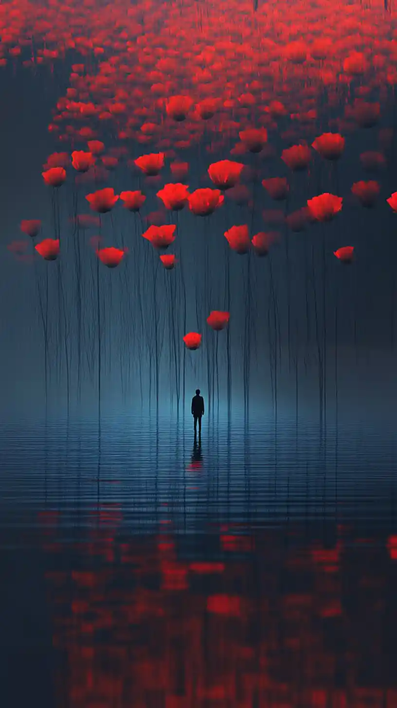 Pequeña figura en un vasto campo de amapolas rojas junto a agua oscura y reflejante