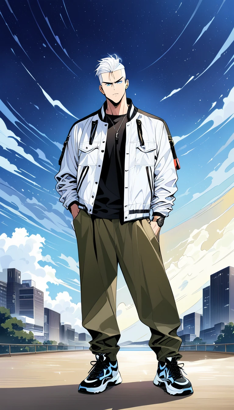 Homem de anime de cabelo branco em cena externa tempestuosa
