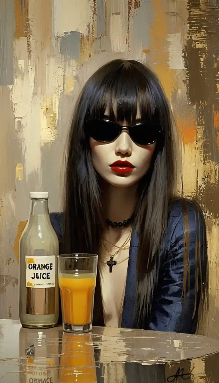 Pop art portrait of woman with orange juice on table
