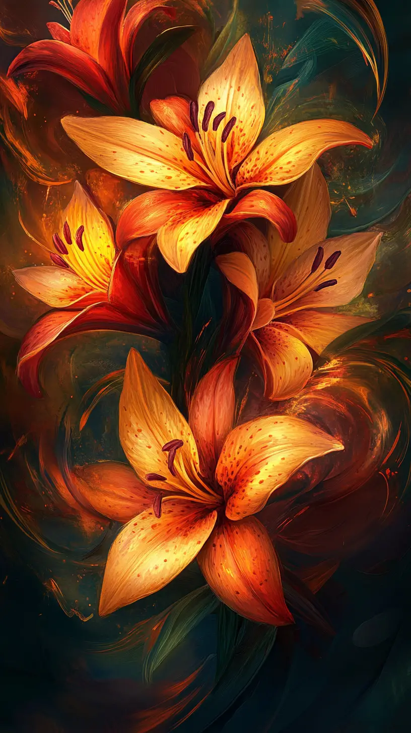 Vibrant lilies swirling like flames in digital illustration