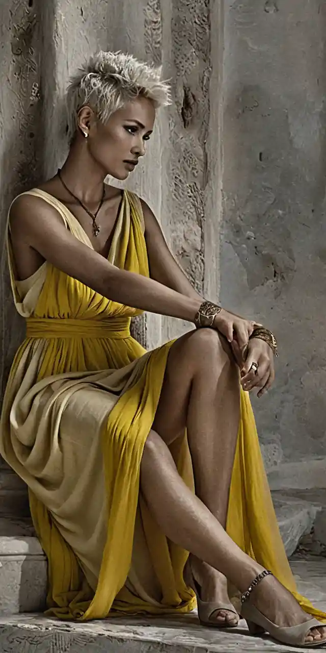 Elegant woman in draped dress seated on weathered stone steps