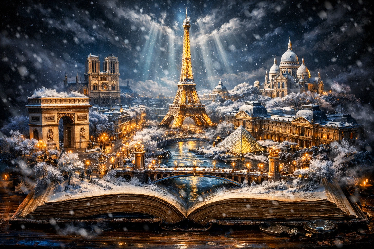 Surreal Paris cityscape rising from an open antique book