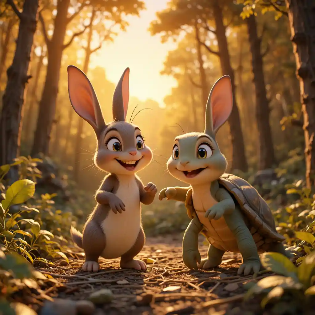 Hase und Schildkröte teilen einen fröhlichen Waldsonnenuntergang