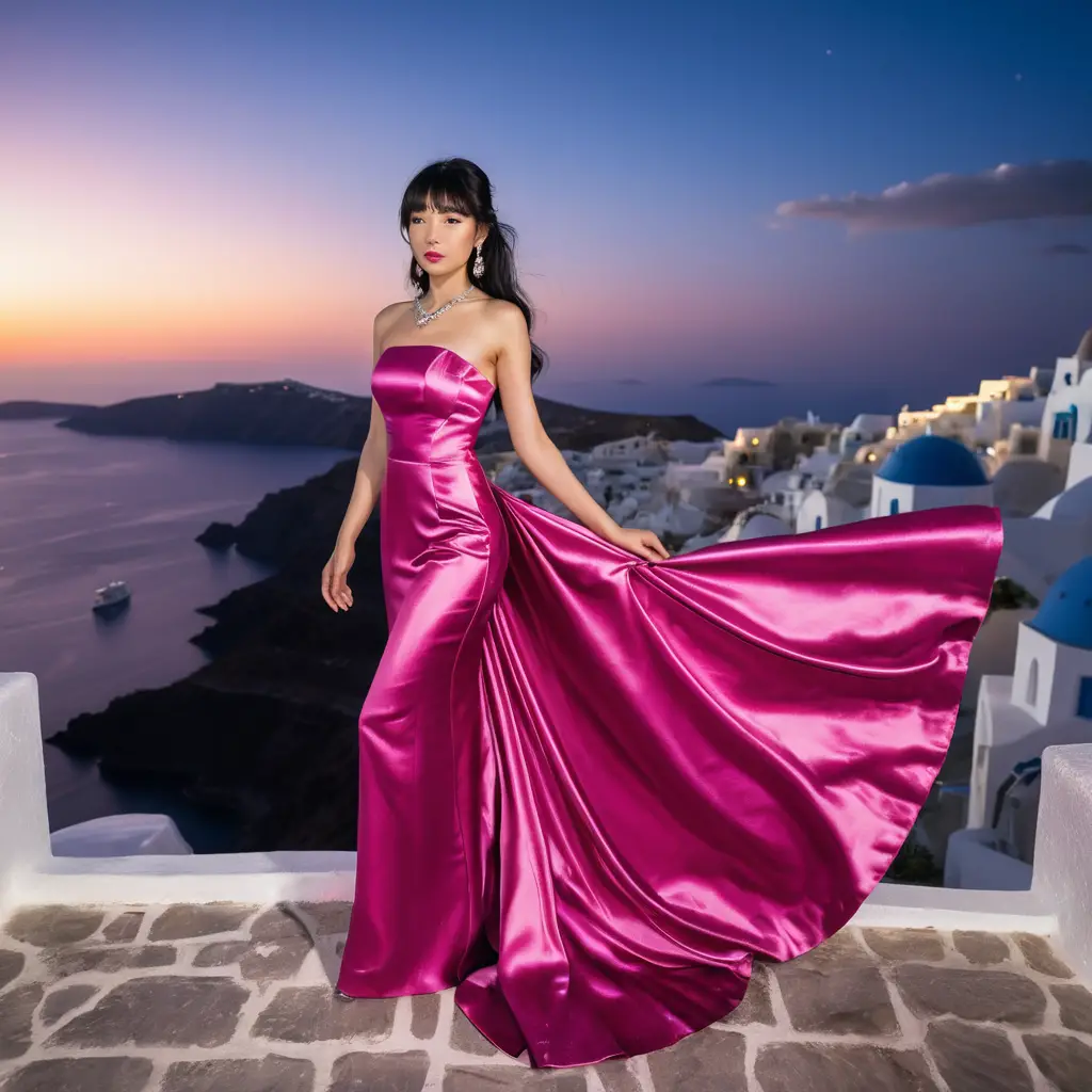 Elegant girl in fuchsia satin gown at night in Santorini