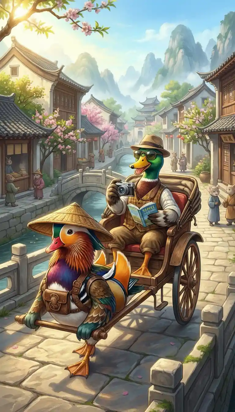 Anthropomorphe Enten fahren Rikscha in einem sonnigen Dorf