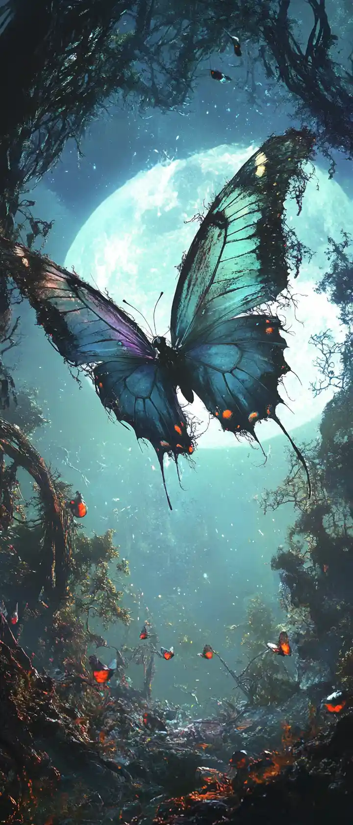 Giant tattered butterfly above a moonlit forest clearing