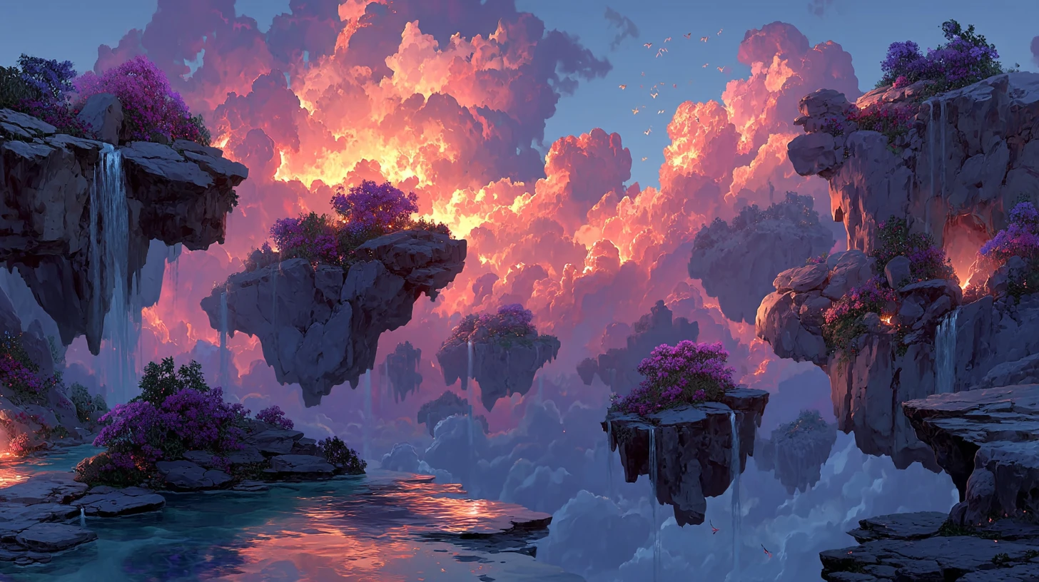 Floating sky islands with glowing bridges and waterfalls
